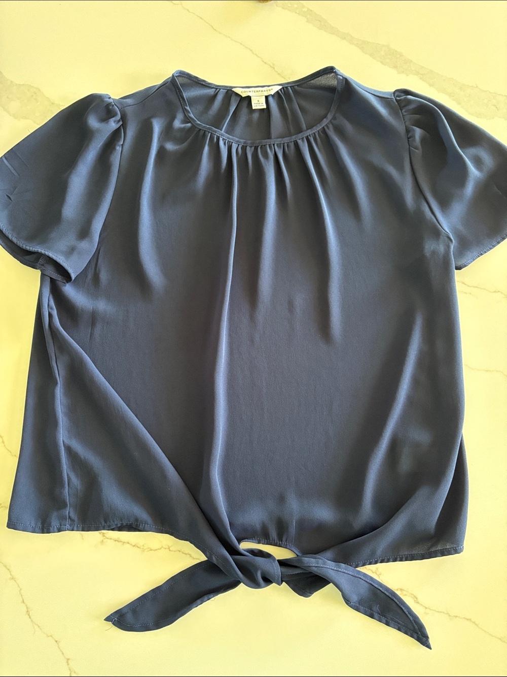 Navy Short-Sleeve Tie-Hem Blouse
